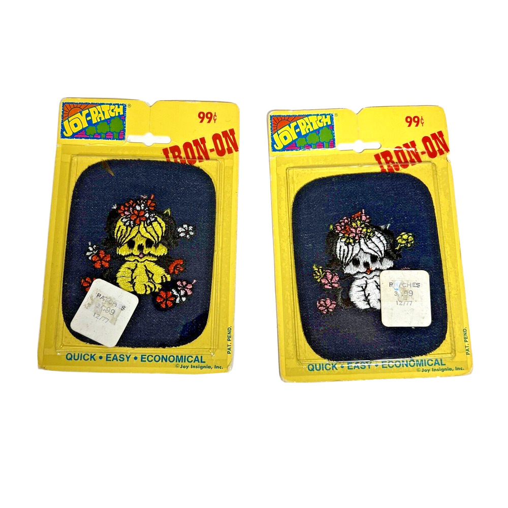 Two Vintage Joy-Patch Denim Embroidery Patches Iron On Puppy Dog Flowers Yellow
